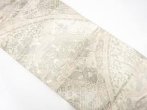 プラチナ箔　絵皿に花鳥模様織り出し　袋帯